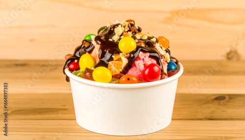 A colorful ice cream sundae topped with chocolate sauce and assorted candies sits in a white paper cup on a wooden surface.