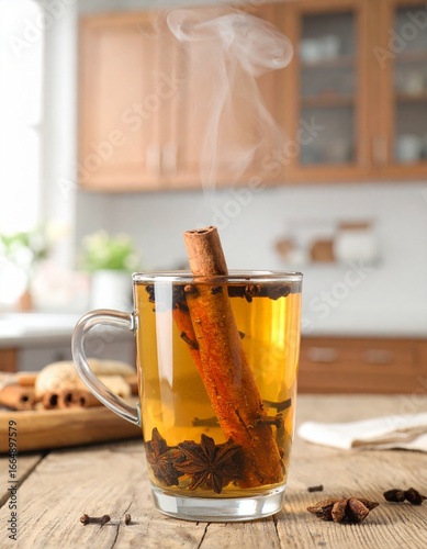 Warm spiced drink garnished with cinnamon and cloves on a rustic wooden table
