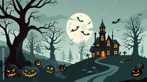 Haunted Halloween House on Hill with Pumpkins, Bats, Spooky Trees, and Full Moon