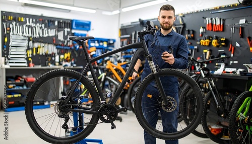 Mechanic inspecting a black mountain bike in a workshop