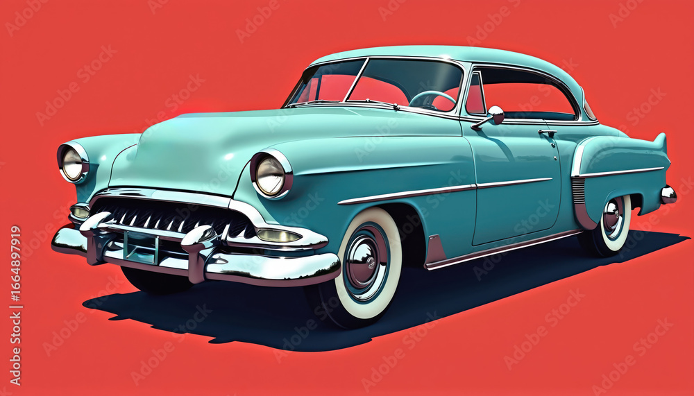 Fototapeta premium Classic light blue vintage car illustration presented on vibrant red background. Retro automobile features iconic 1950s design elements, chrome accents, ideal for automotive themes, advertising,
