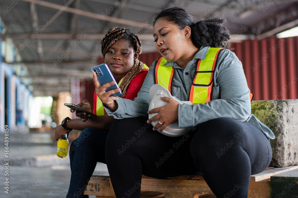Fototapeta premium Two female African workers take a break, sitting and watching on mobile phone. chatting, sending message and browsing the internet at industrial factory