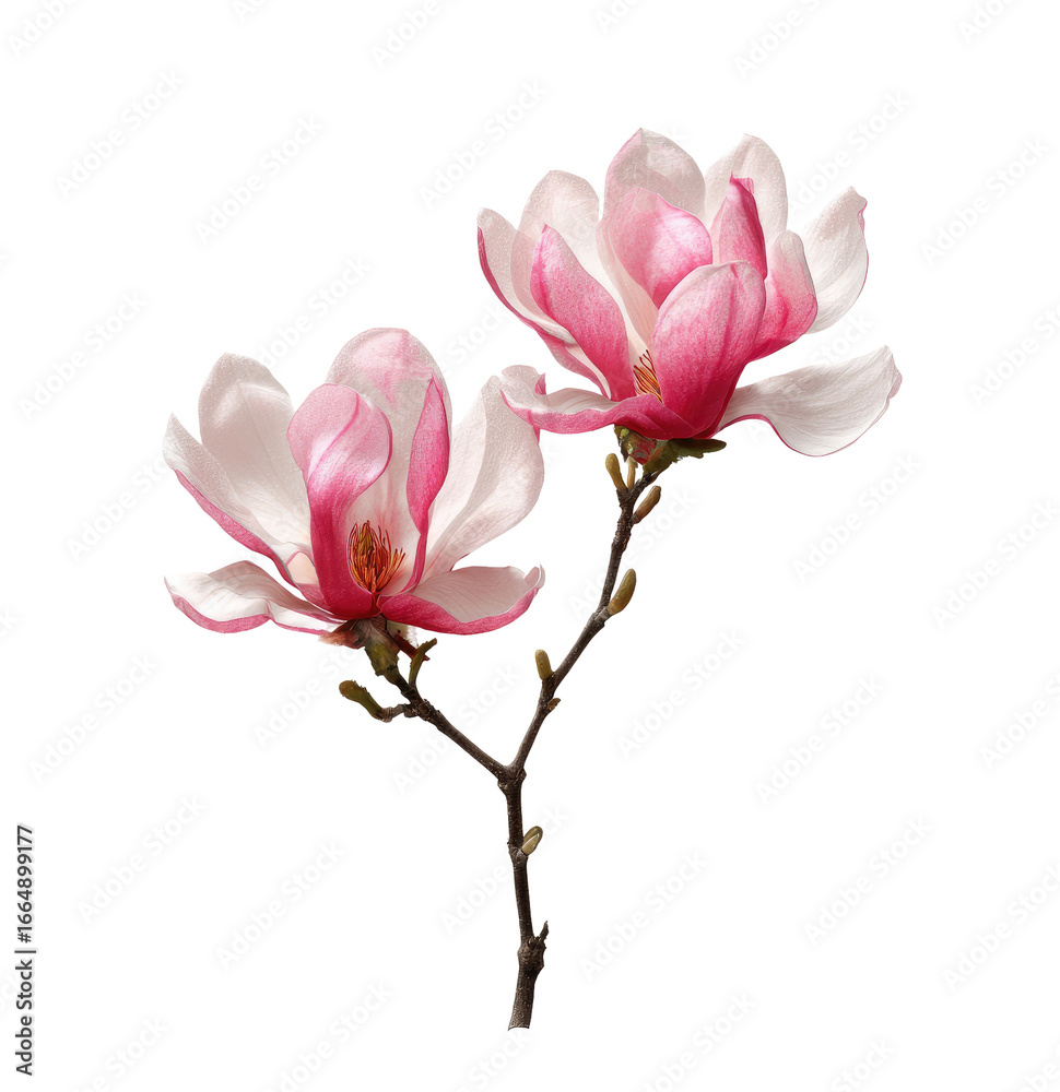 Two delicate magnolia blossoms, a pale pink and white hue, rest atop a thin, dark brown stem against a pure black background. The petals are soft, ruffled, and slightly overlapping Two delicate magnolia blossoms, a pale pink and white hue, rest atop a thin, dark brown stem against a pure black background. The petals are soft, ruffled, and slightly overlapping