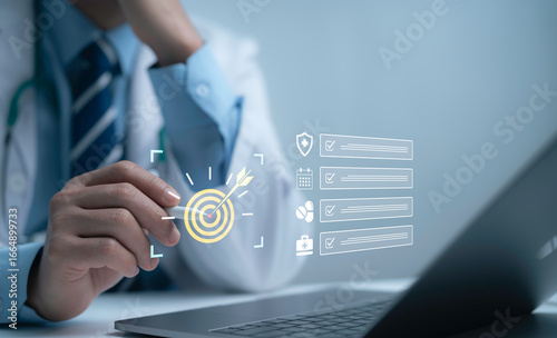 Medical professional using digital technology and data analytics to target healthcare goals, strategic planning and innovation for better patient care and clinical efficiency