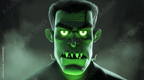 Halloween cartoon Frankenstein with glowing green skin and a wild expression