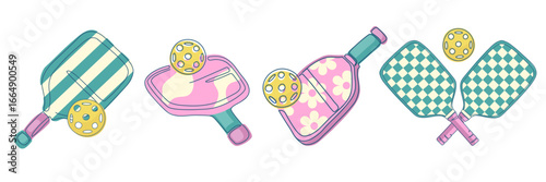 Flat vector illustration of colorful pickleball paddles in pink, yellow, and blue. Perfect for sports design, game accessories, posters, packaging, and digital projects.