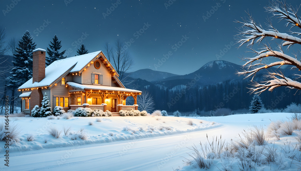 Fototapeta premium Cozy winter cabin illuminated at night in snowy landscape 