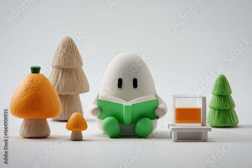 A whimsical figure sits reading a book in a miniature forest scene.