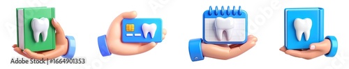 Dental book credit card calendar and notebook icons with tooth symbol held by cartoon hand representing dental care appointment insurance and health record concepts