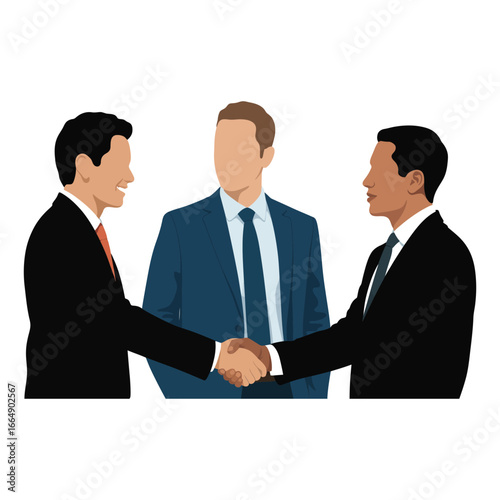 Three business professionals, two shaking hands while one observes, symbolizing agreement, collaboration, and formal workplace interaction