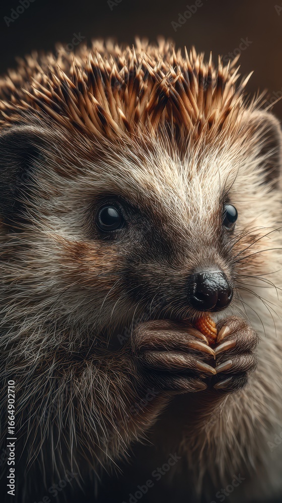 Fototapeta premium Close-up of hedgehog holding food in its paws, showcasing intricate details of its fur and expressive eyes during a quiet moment