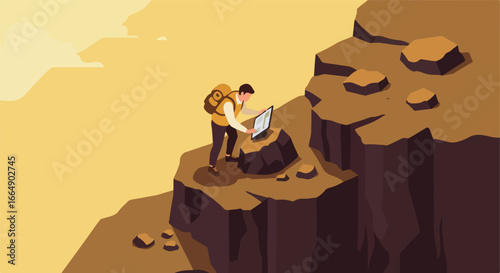 Hiker checking map app atop rocky cliff face in sunny day. For adventure ads