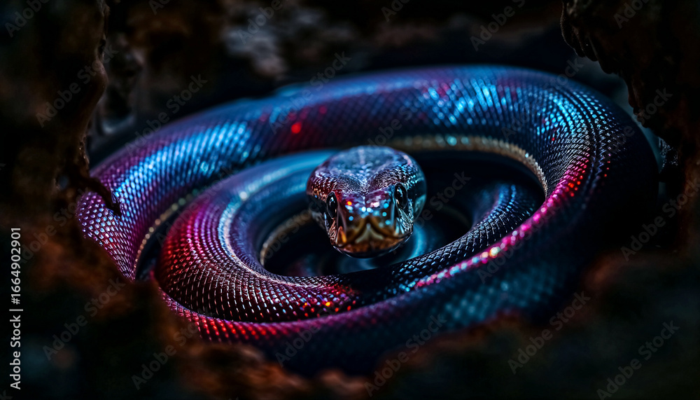 Obraz premium Iridescent snake with glowing neon scales in dark forest cave, vibrant reptile close-up photography