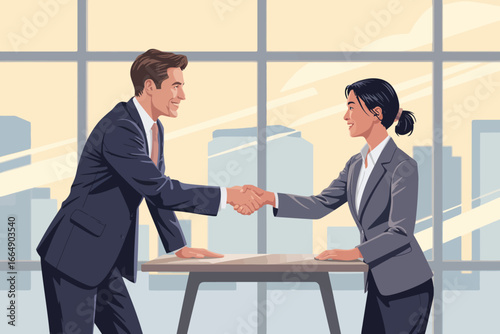 Businessman and businesswoman shaking hands across a table in modern office with city view, symbolizing agreement, partnership, and success
