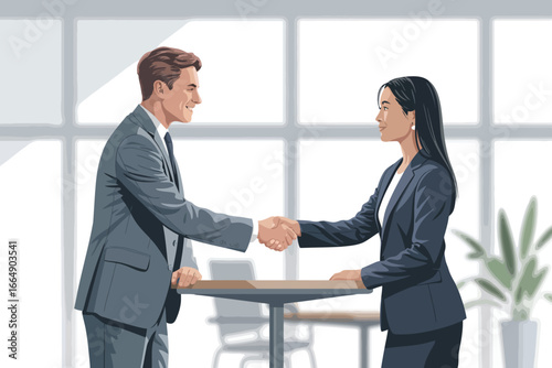 Two business professionals shaking hands across a table in modern office setting, symbolizing agreement, partnership, and mutual respect