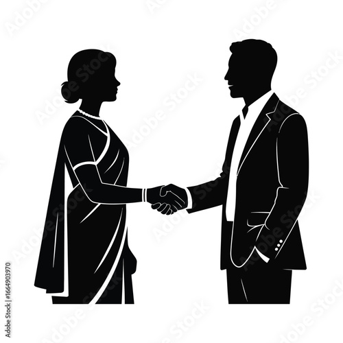 Silhouette of Indian woman in traditional attire and Western businessman shaking hands, symbolizing cultural diplomacy and professional unity