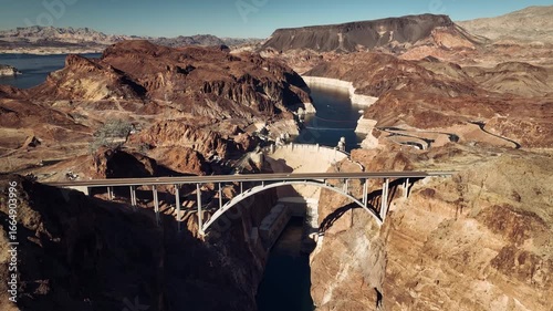 Aerial drone footage of Hoover Dam and Colorado River, Nevada Arizona USA