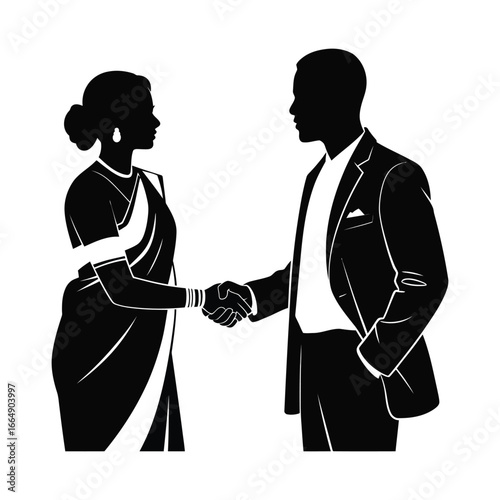 Silhouette of Indian woman in saree and Western businessman shaking hands, symbolizing cultural partnership, diplomacy, and mutual respect