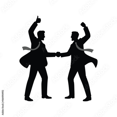 Silhouette of two businesspeople shaking hands with celebratory gestures, symbolizing partnership, success, and professional agreement