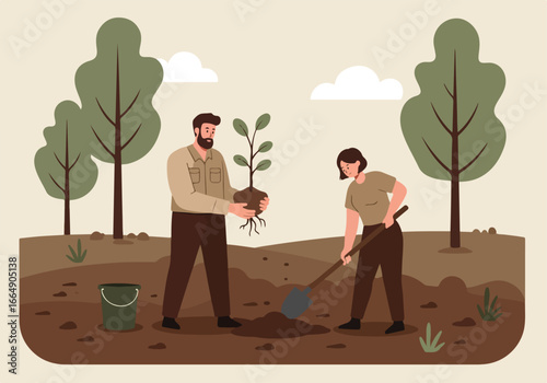 Couple plants a tree in the yard, in the background are trees and white clouds