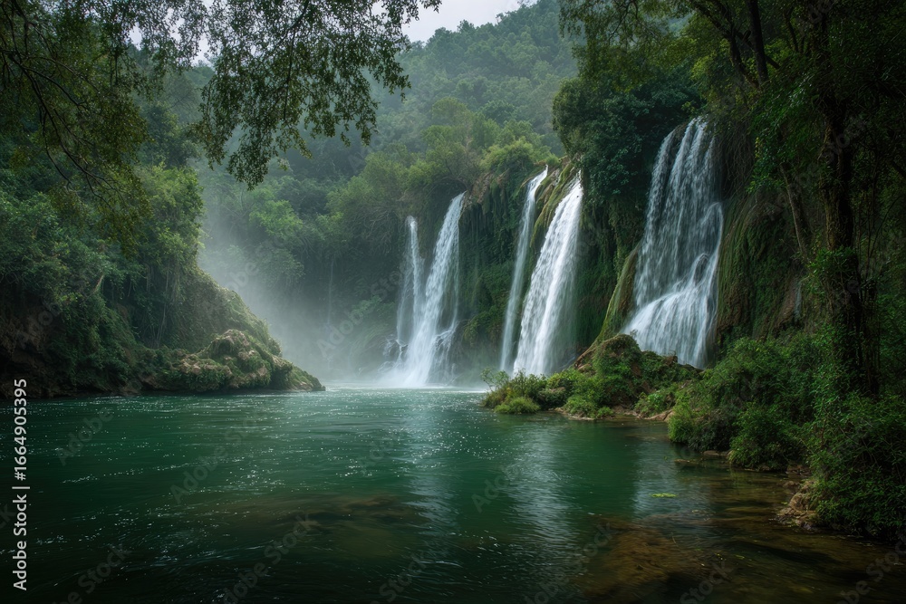 Fototapeta premium Majestic waterfalls cascading into a tranquil pool, surrounded by lush greenery
