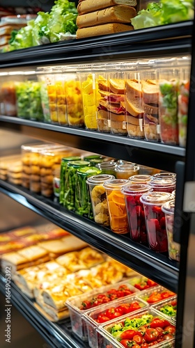 Refrigerated Display Case Featuring Prepared Food Sandwiches, Salads, Vegetables, and Other Entrees for Sale