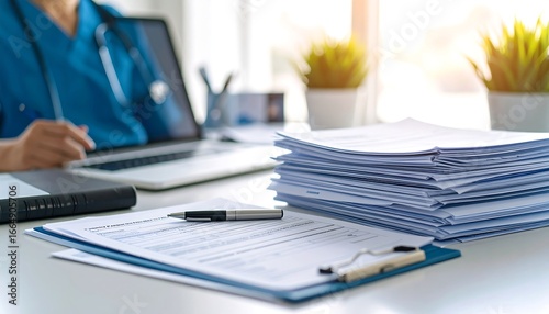 Medical office desk with paperwork