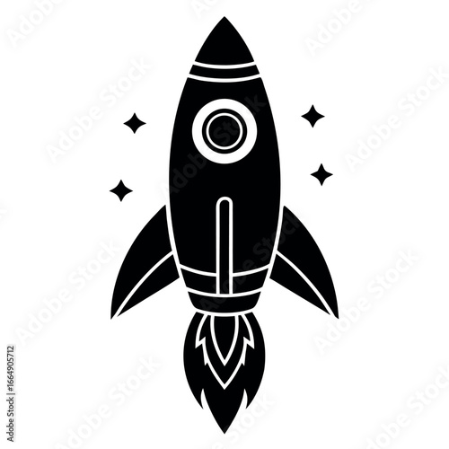 Black Rocket Ship Soaring into Space with Stars Isolated on White Background Vector Illustration