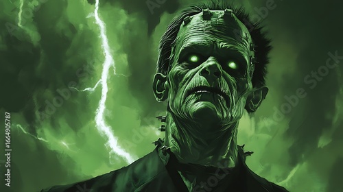 Halloween Frankenstein with a sinister grin and lightning bolts in the background