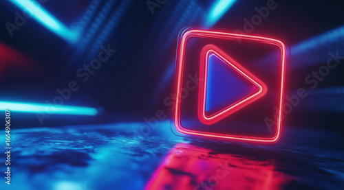 Vibrant neon play button icon illuminated in dark, futuristic environment, showcasing blend of blue and red lights