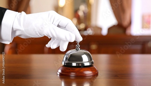A gloved hand rings a polished bell on a wooden surface