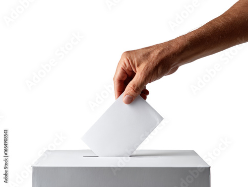 Hand dropping a ballot into a white voting box