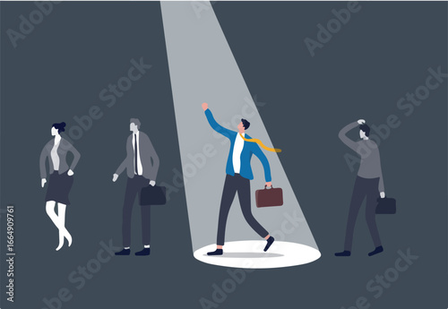 The chosen one, HR, human resources recruiter choosing best candidate or hiring manager choose winner talent concept, stand out confident businessman with spotlight with other fade out candidates. 