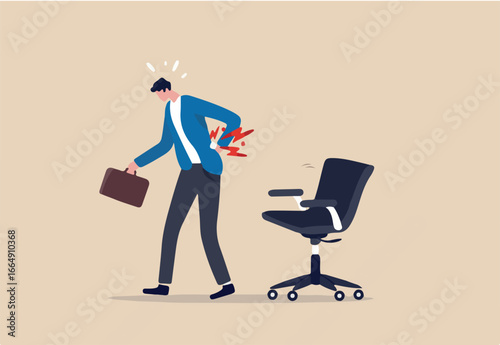 Office syndrome back pain, sitting and work too long causing back ache or inflammation of neck, shoulder and back muscles concept, painful office worker holding his back pain with office chair. 