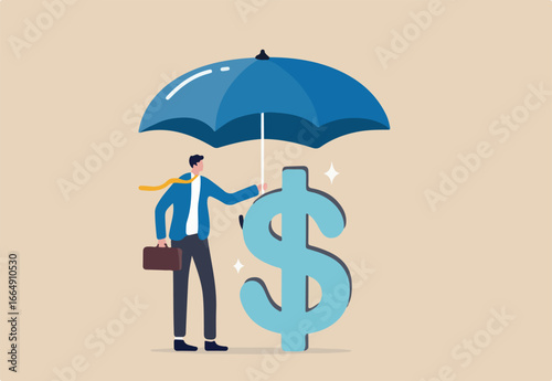 Income protection insurance, protect money or investment wealth, secure savings in economic crisis concept, confidence businessman holding big umbrella covered dollar sign money.