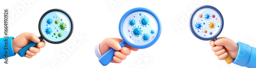 Hand holding magnifying glass with colorful virus, bacteria, and germ cartoon illustration, scientific research, health and medical concept, isolated on transparency background