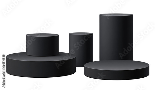 Dark gray, cylindrical podiums in varying heights