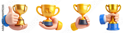 Wallpaper Mural Golden trophy hand thumb up music note blue sleeve yellow cup competition victory celebration success cheerful emotion isolated cartoon style 3D illustration award achievement winner contest Torontodigital.ca