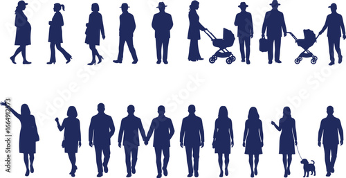 Diverse People Silhouette Vector Collection, Family Life Stages Including Pregnant Women, Couples, Parents with Strollers, and Dog Walkers.