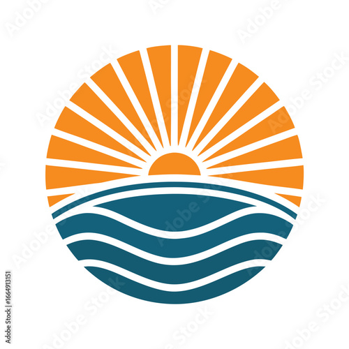 Stylized sun rising over blue ocean waves circular graphic sunrise water