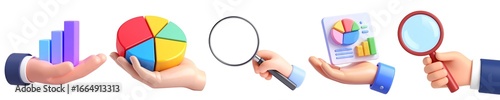 3D illustration of hand holding bar chart, pie chart, magnifying glass, and analytics report, representing data analysis, business growth, and financial review concepts