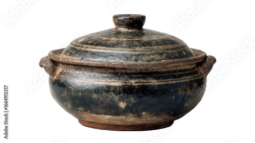 Brown and black ceramic bowl with lid, covered with a simple with visible traces of time on it and cracked glaze. Art style, ceramic craftsmanship
