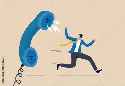 Customer complaint, dissatisfaction from product or service problem, angry feedback from client concept, businessman product owner running away from furious complain telephone from customer or client.