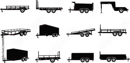 Black Utility Cargo Dump Flatbed Trailer Vector Silhouette Set Collection, Various Commercial Hauling Transport Equipment Silhouettes for Industrial and Automotive Design Graphics.