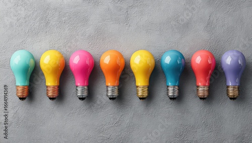 Colorful light bulbs arranged in a row on a gray surface