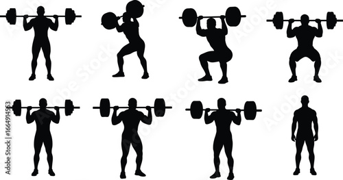 Strong male athlete squatting with a barbell, a vector illustration of proper weightlifting form for health and fitness training.