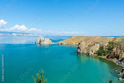 Scenic View of Lake Baikal with Shamanka Rock and Blue Turquoise Water