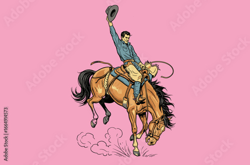 Frontier Cowboy Spirit. A vintage illustration of rodeo cowboy. Cowboy action on bronco. Wild West Rodeo Cowboy Illustration. Retro Western Rodeo Rider.