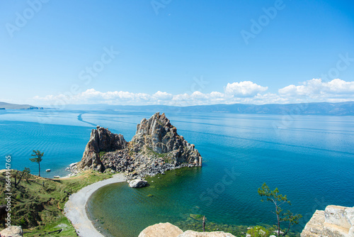 Scenic View of Lake Baikal with Shamanka Rock and Blue Turquoise Water