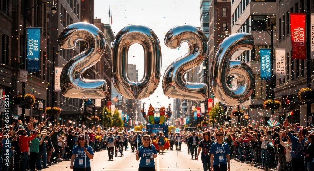 Obraz premium Huge 2026 balloons lead a city parade